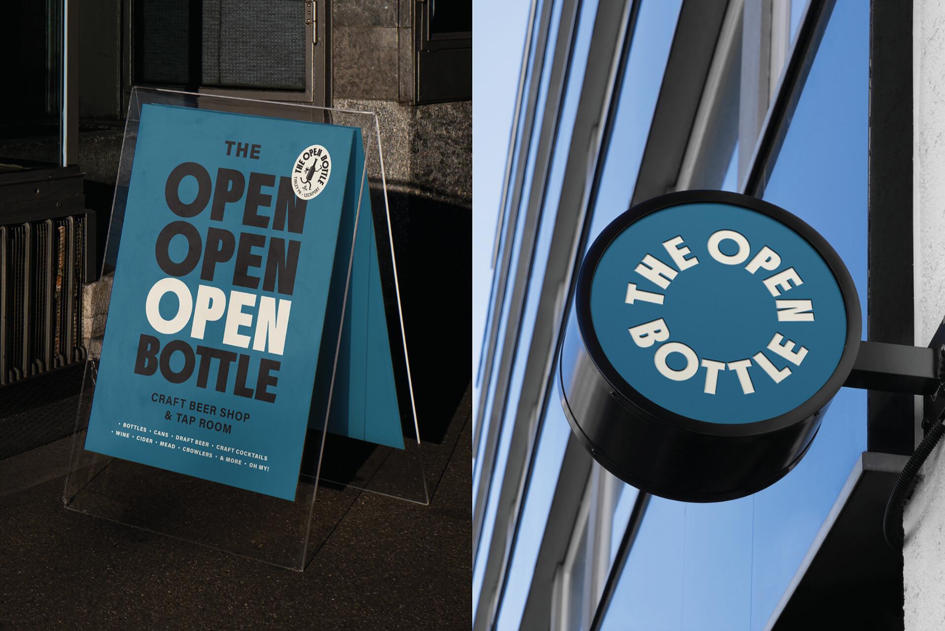 25B-05d_The Open Bottle Visual Identity: Blue A-frame sign and round wall sign_Jack Muldowney