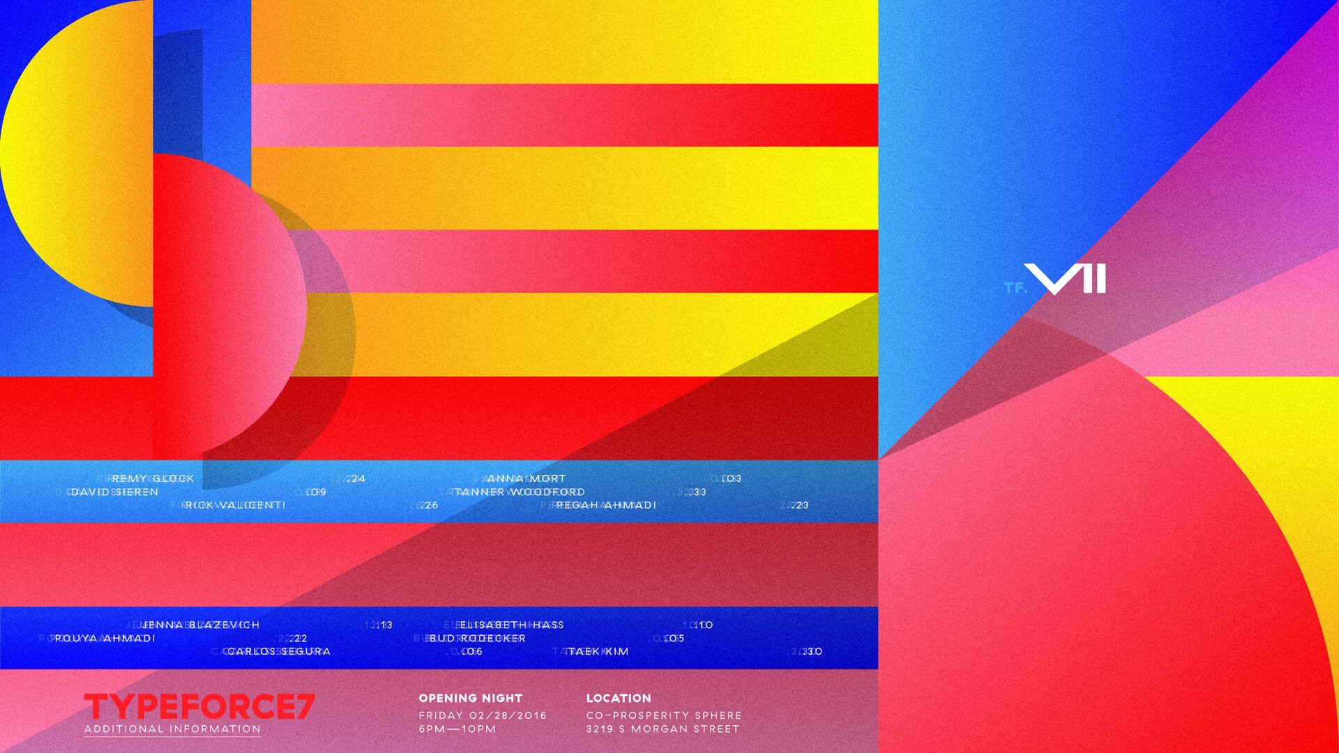 16A-38_Abstract geometric design, overlapping circles and rectangles in vibrant red, yellow, blue, and pink hues, featuring the text "VII" and details for "Typeforce 7" event_Nick Adam/Matt Soria/Bryant Smith
