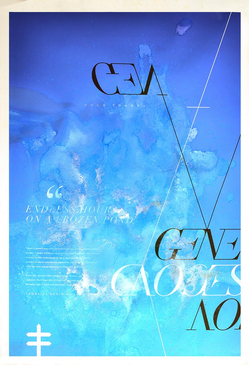 16A-40_Poster: Abstract graphic with overlapping text and geometric lines on a textured blue background_Jeremy Hlinak