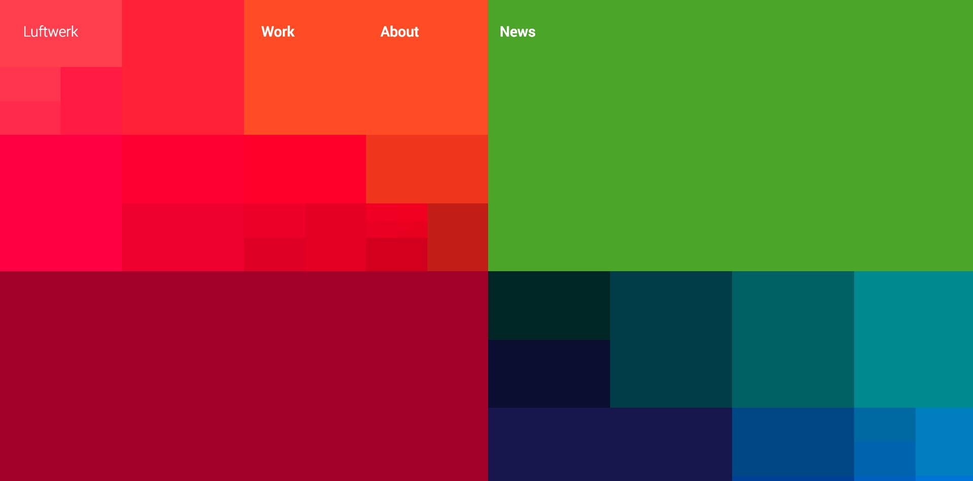 16A-45_Luftwerk Website: Colorful geometric design with blocks of red, orange, green, teal, and blue in a grid pattern_Renata Graw/Alexa Viscius/Cameron Brand