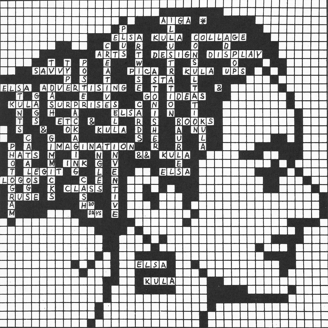 26A-01_Elsa Kula Advertisement: Black and white crossword puzzle art forming a woman's profile, filled with various words related to design, art, and creativity_Elsa Kula