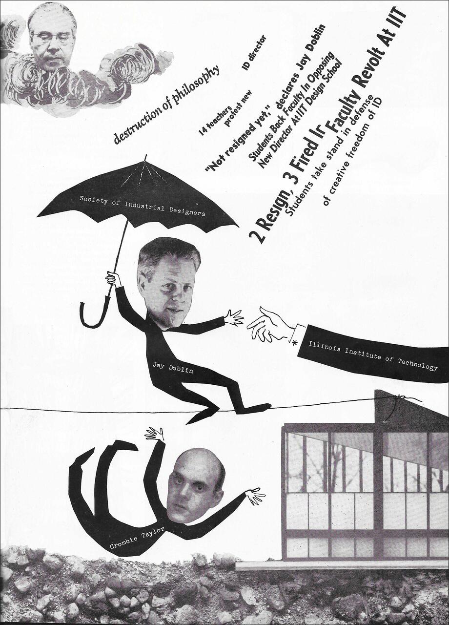 26A-02B_Chicago Magazine Illustration: Collage-style graphic featuring black-and-white cutouts of faces and text. A figure holds an umbrella labeled "Society of Industrial Designers" while balancing on a line. Another upside-down figure is below, with cutout windows and rocks in the background_Elsa Kula