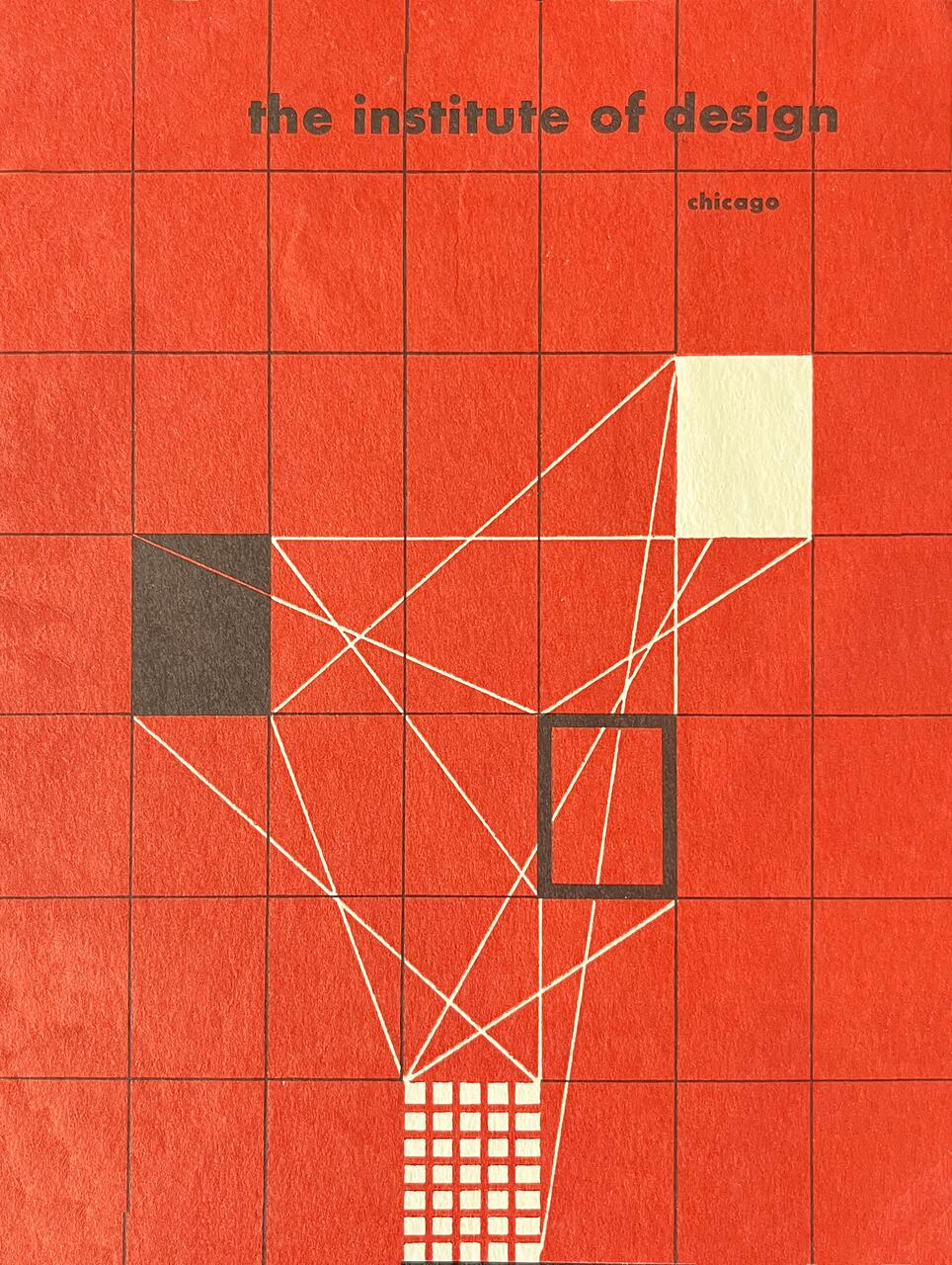 26A-05_Institute of Design Catalog: Red geometric design with a grid pattern overlaying black and white shapes, intersected by thin white lines.