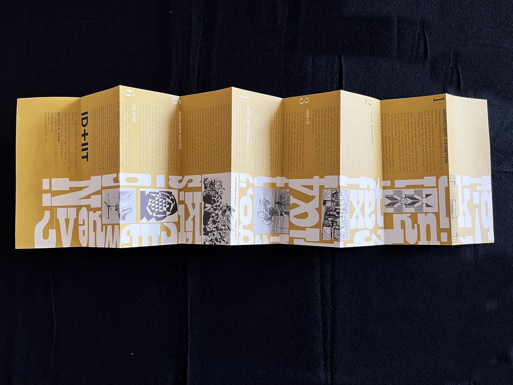 26A-06B_Institute of Design Flyer: Accordion folded yellow brochure on a black surface, featuring sections of text and small, grayscale images. Vertical offset design with large white text partially visible at the bottom.