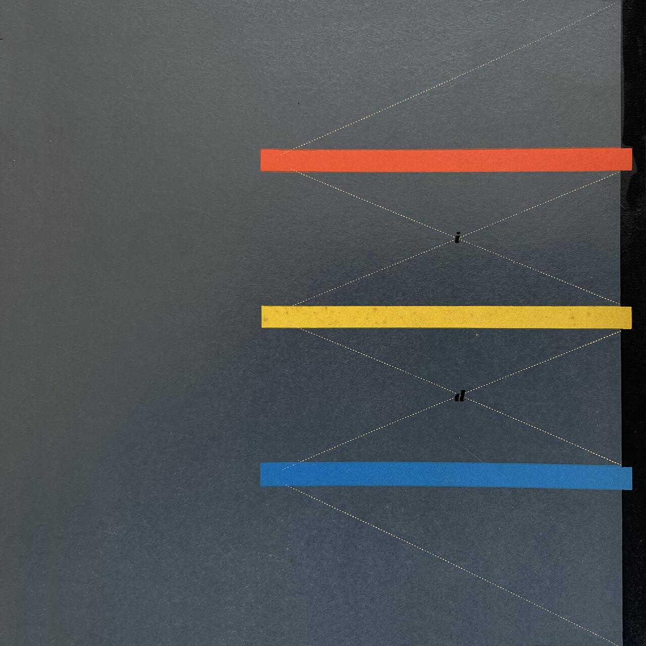 26A-11_Institute of Design Brochure: Three horizontal bars, red, yellow, and blue, connected by diagonal dashed lines on a gray background with a black vertical stripe on the right.