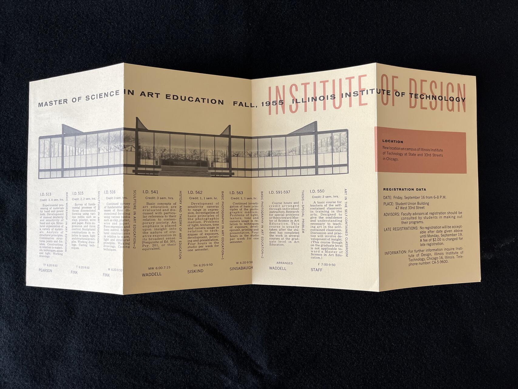 26A-15_Tri-fold brochure for the Illinois Institute of Technology, 1955. The inside displays a black and white architectural drawing and course details for a Master of Science in Art Education, with sections on location and registration data in red and beige tones.