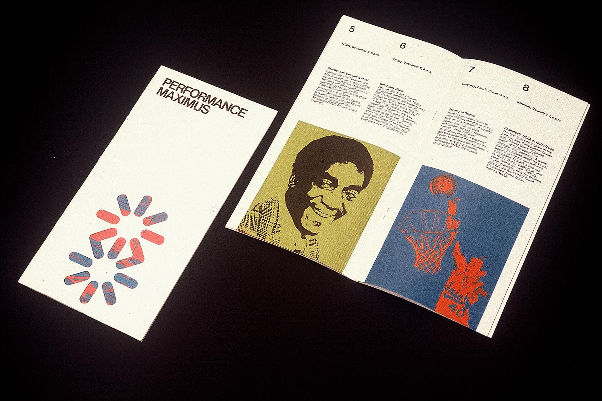 Brochure with "Performance Maximus" cover, featuring a colorful geometric logo. Inside pages display text and graphics, including a smiling person on a green background and a basketball player shooting on a blue background.