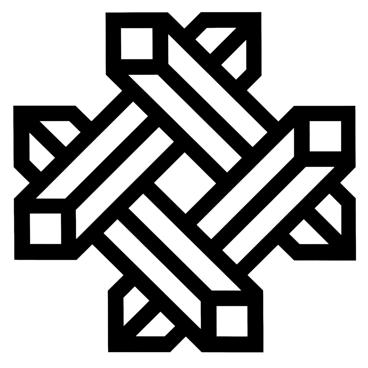 Abstract geometric design with interwoven black and white 3D rectangular shapes forming a star-like pattern on a white background.