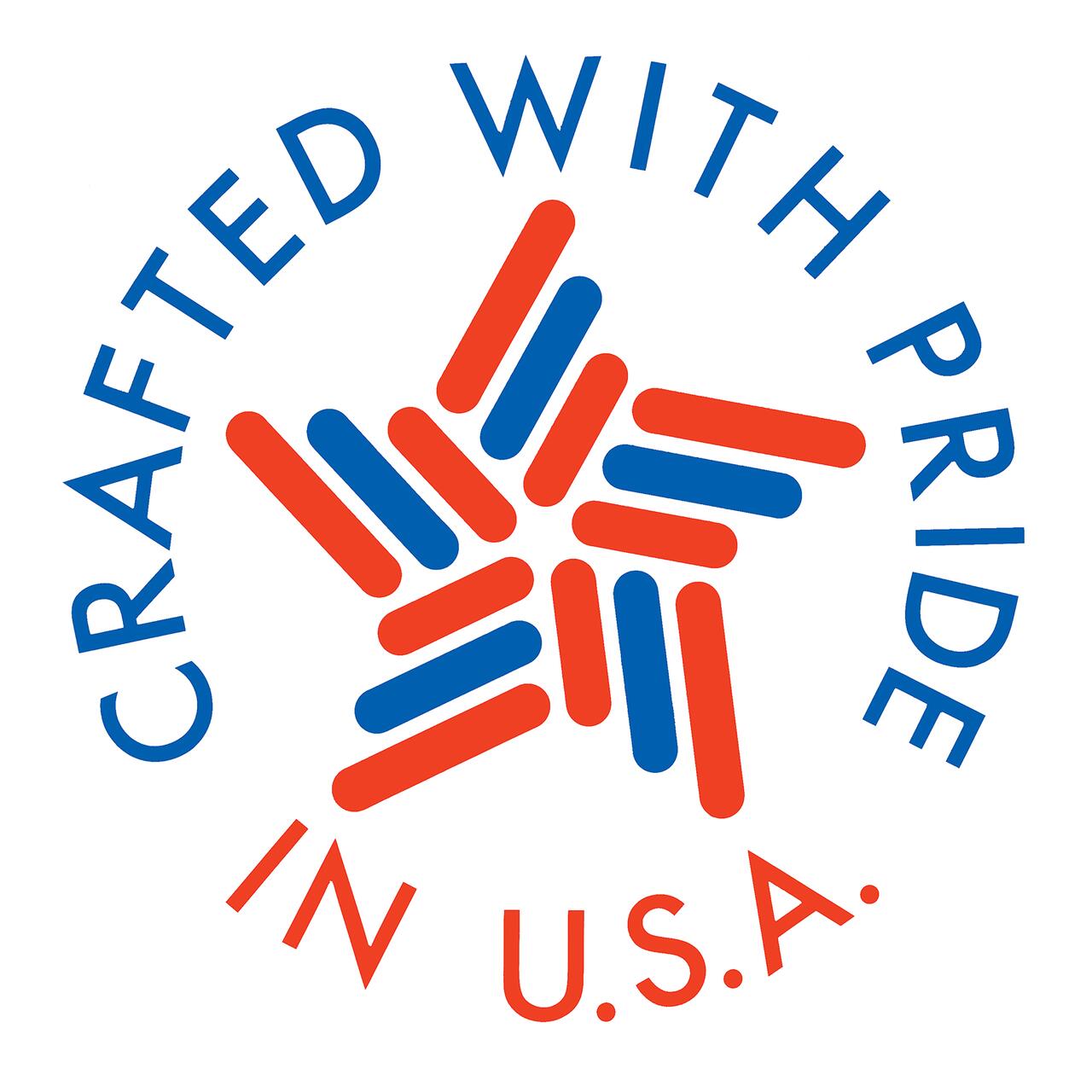 Logo with a red and blue star composed of interlocking lines, surrounded by the text "Crafted with Pride in U.S.A."