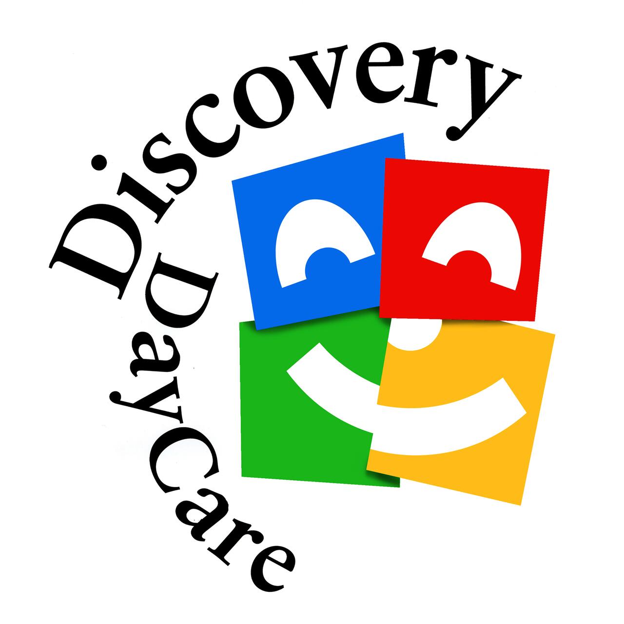 Discovery Day Care logo with colorful blocks featuring stylized smiling faces; text arches around the blocks.