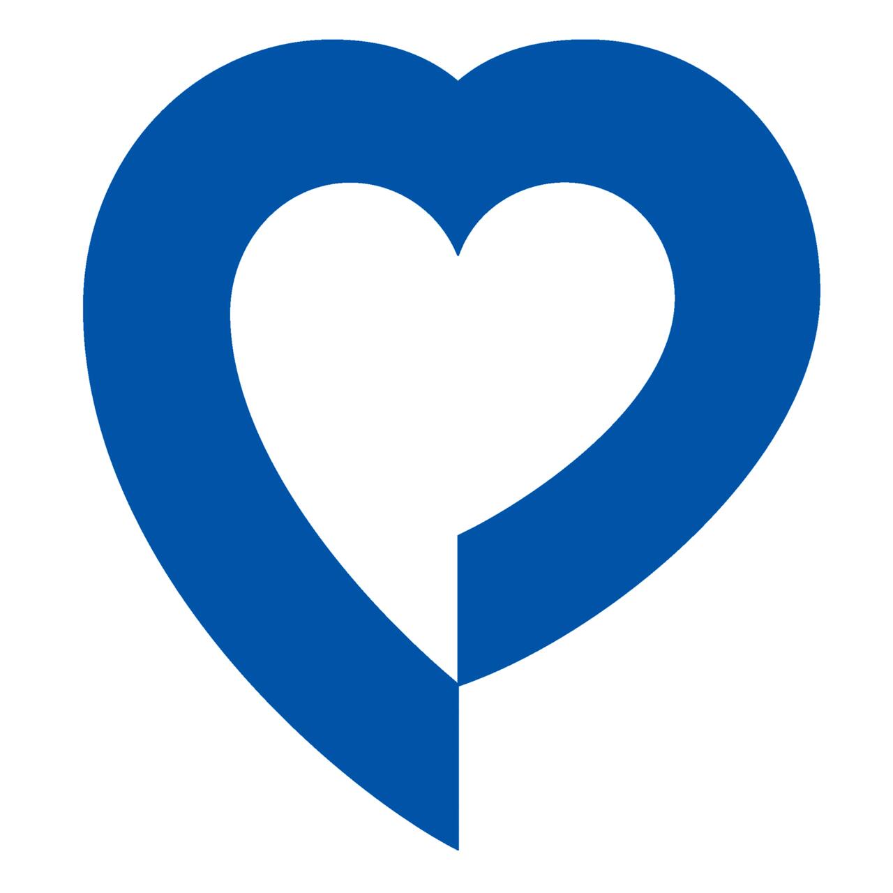 Blue heart logo with curved lines creating an abstract heart shape on a white background.