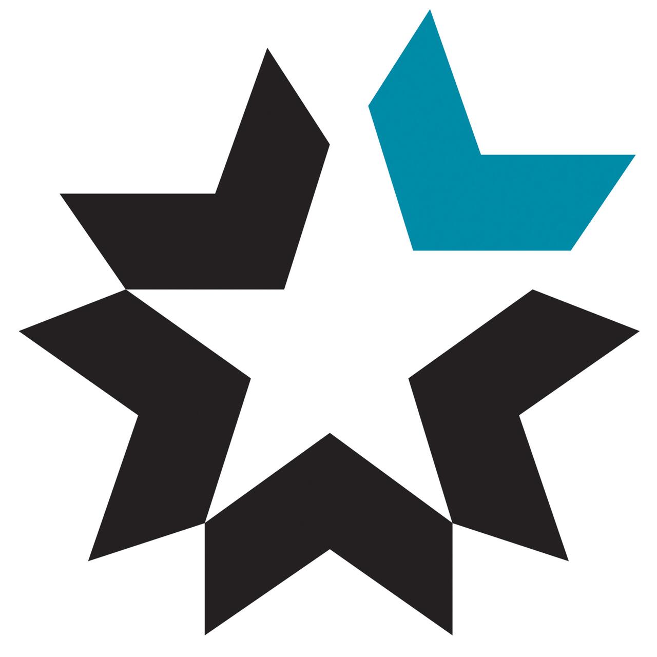 Abstract graphic of a star with black and teal geometric shapes.