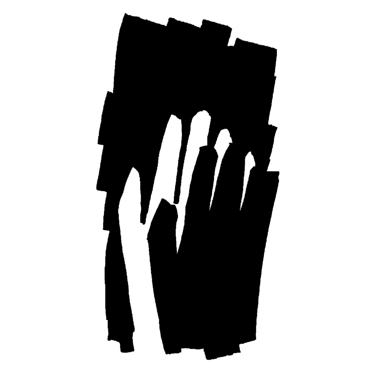 Abstract black brush strokes on a white background, resembling an irregular, jagged shape.