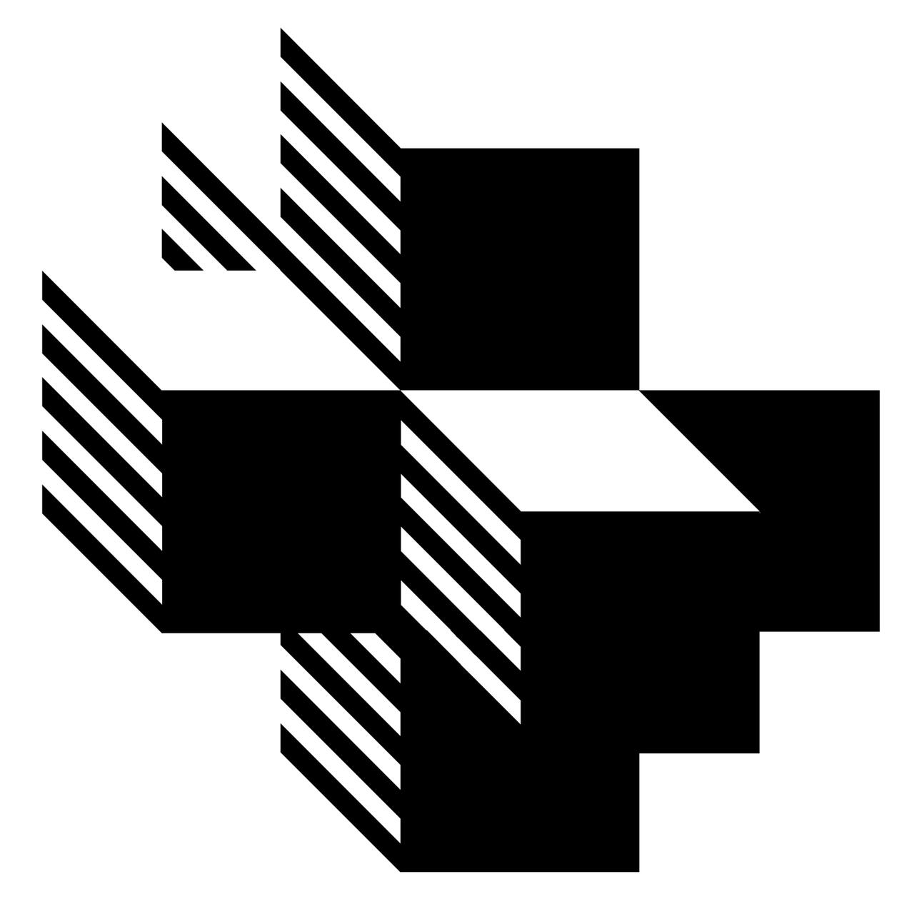 Abstract geometric black and white graphic with overlapping diagonal shapes and lines creating a dynamic pattern.