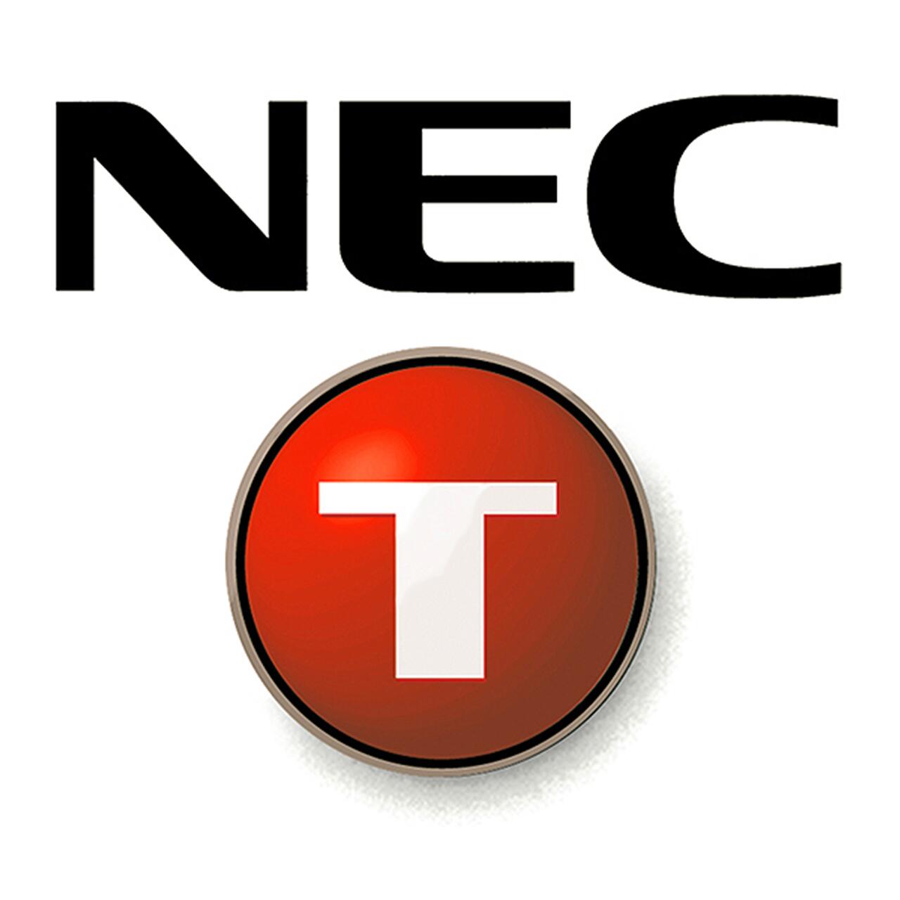 NEC logo with bold black text above a shiny red button featuring a white "T".