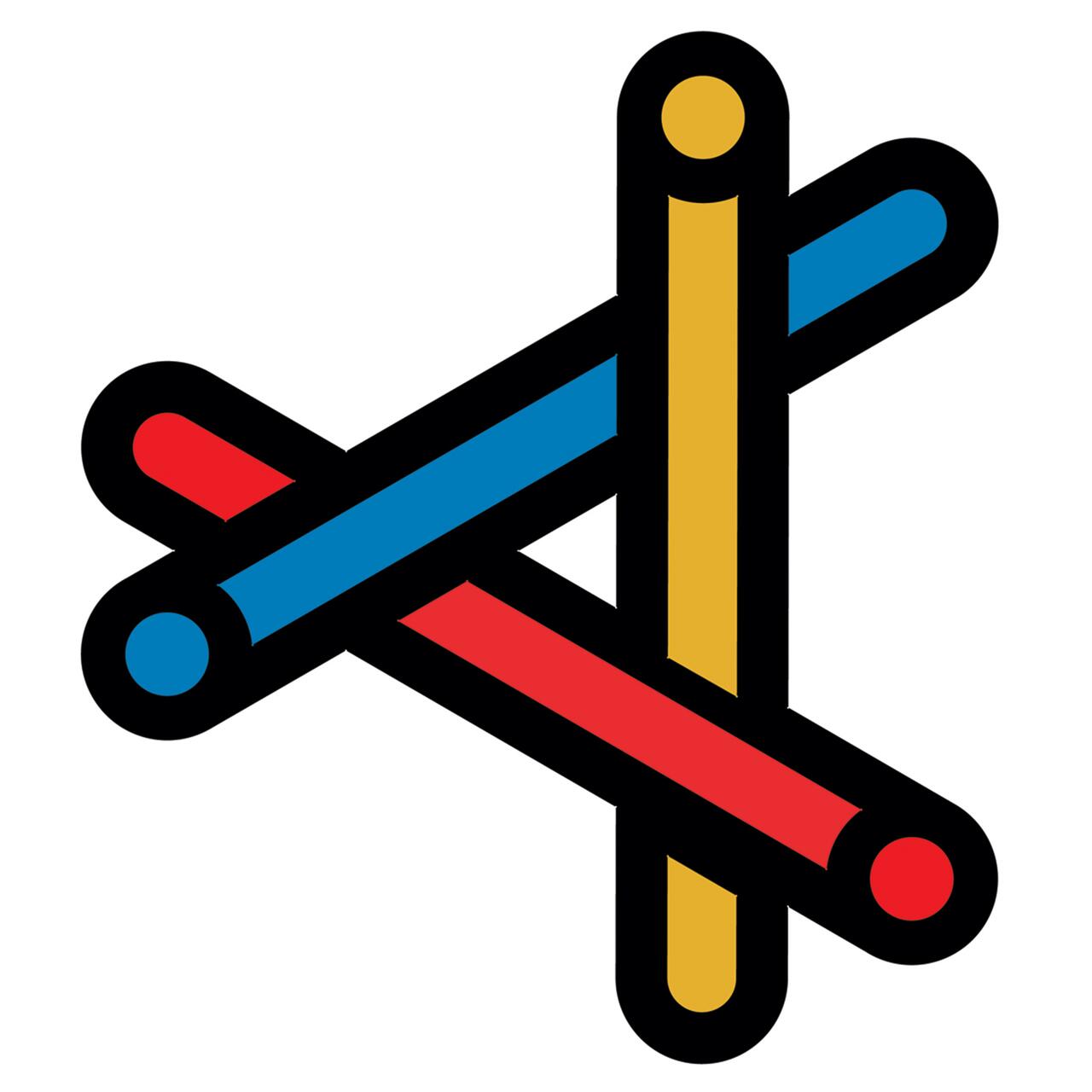 A logo featuring three intersecting sticks outlined in black, colored blue, red, and yellow.