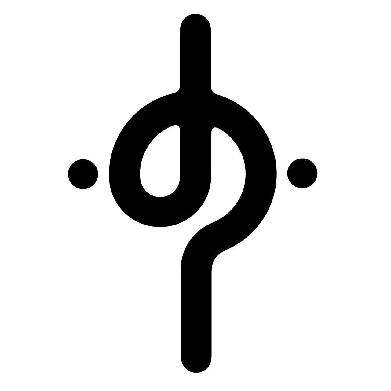 Abstract black symbol with a vertical line intersecting a circular shape in the center, flanked by two small dots.