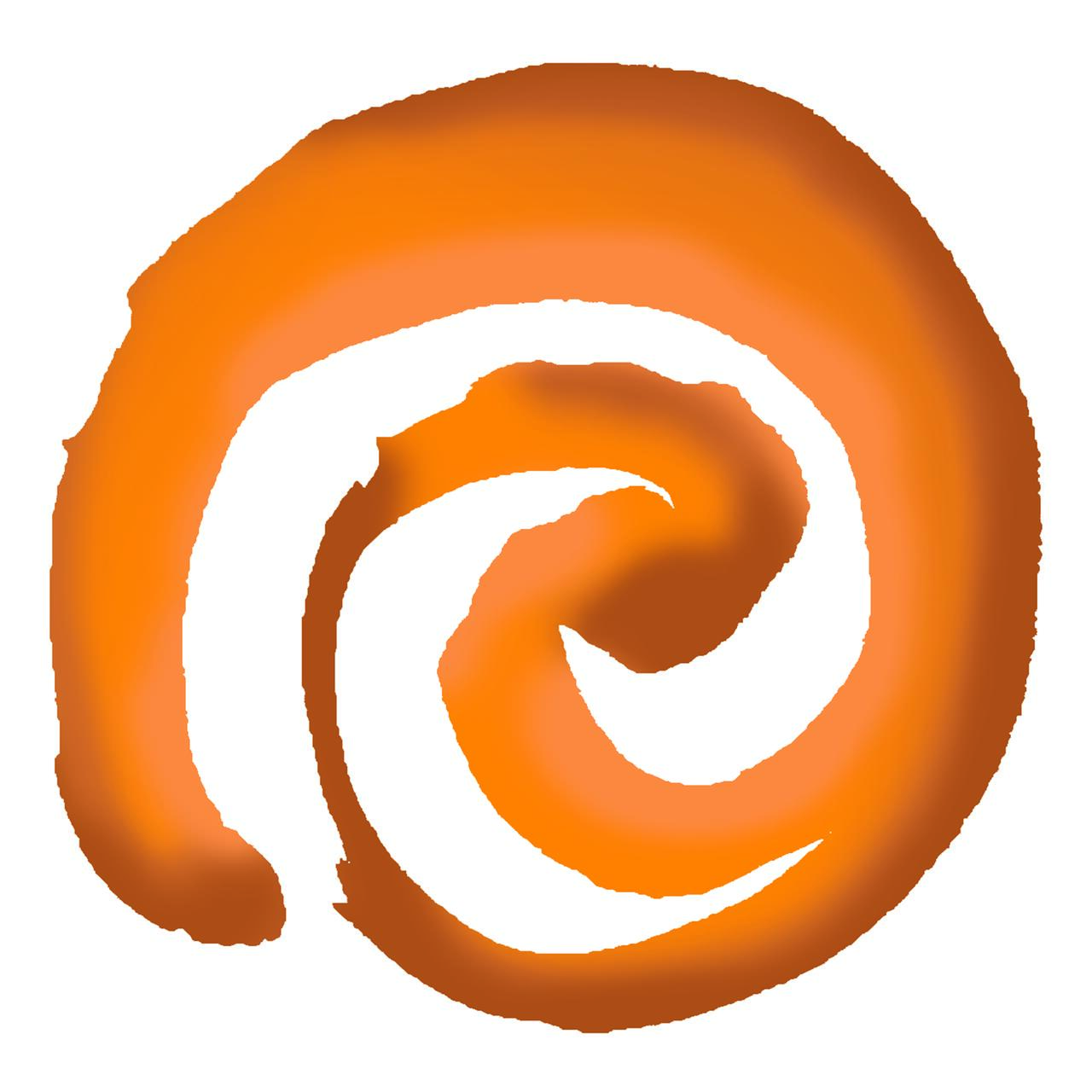 Orange spiral graphic on a white background, resembling a swirling pattern.