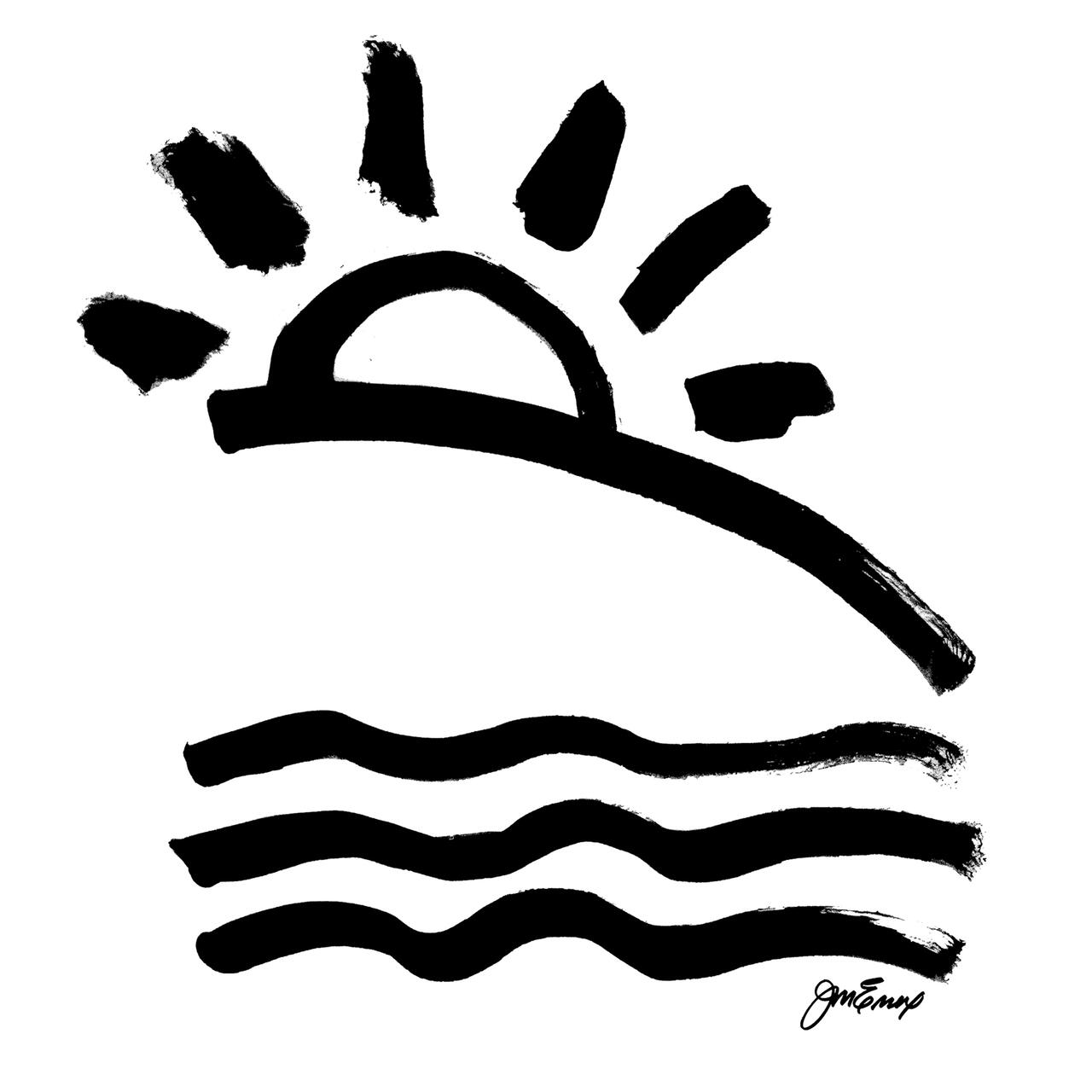Brushstroke graphic of a sun rising over waves, with black ink on a white background.