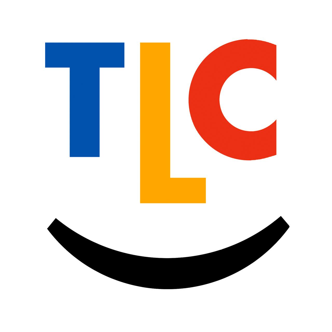 TLC logo with blue "T", orange "L", red "C", and a black curved line resembling a smile underneath.