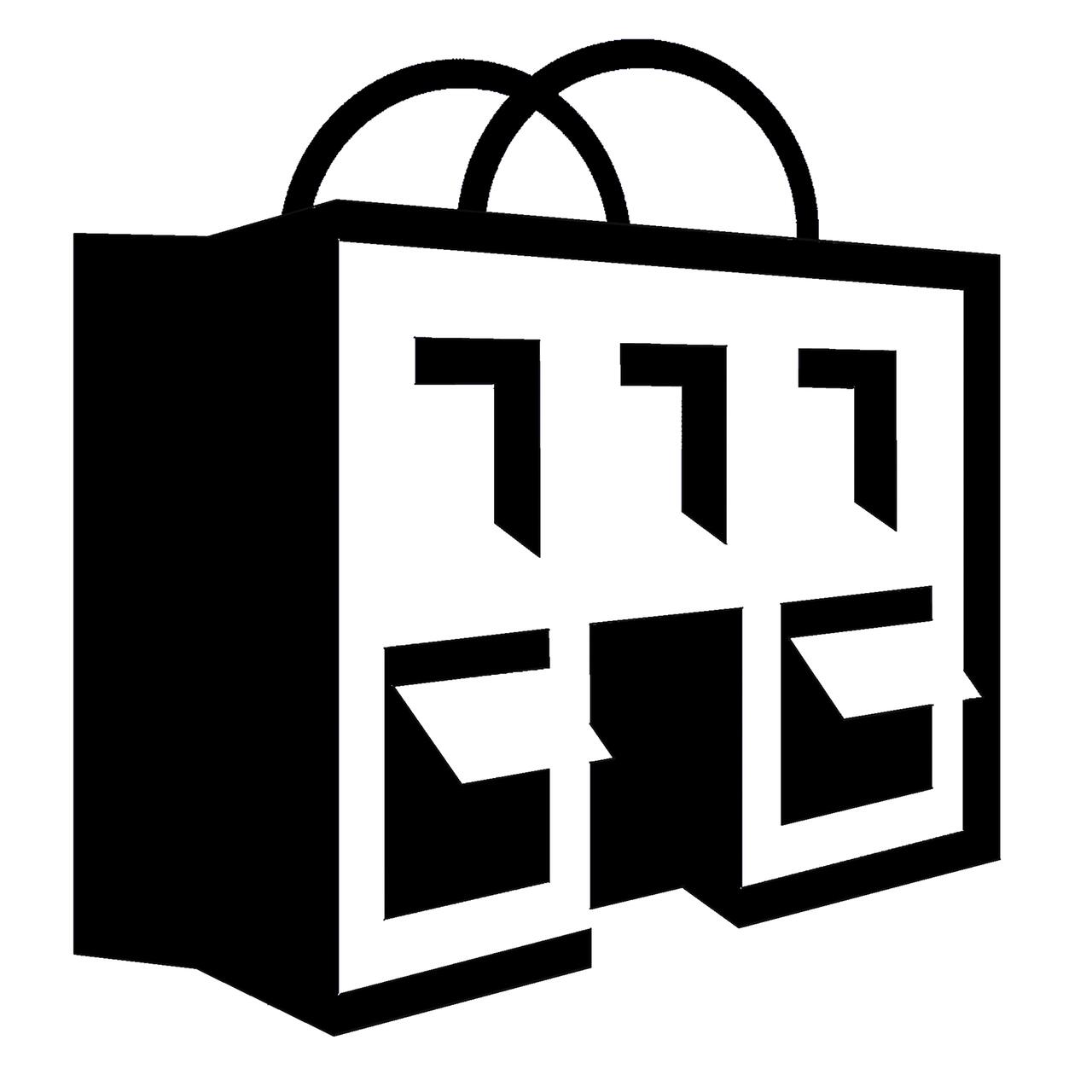Graphic of a stylized black and white shopping bag with handles, featuring geometric patterns resembling a shopping mall facade.