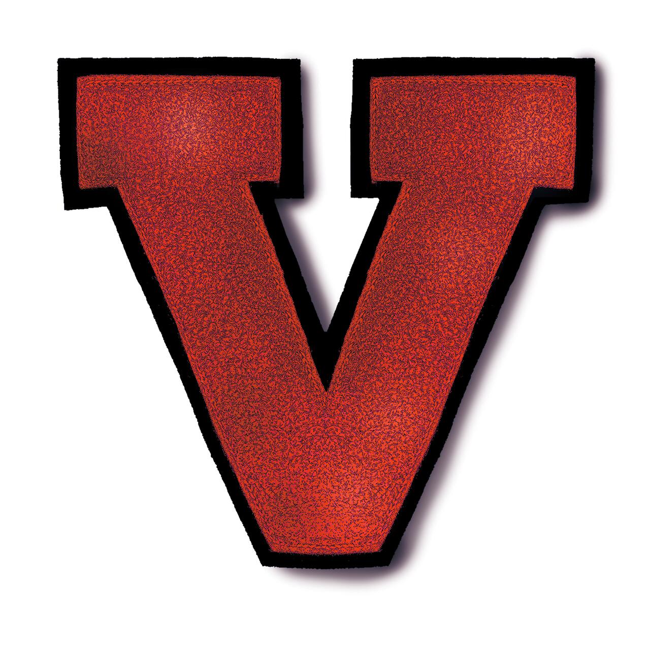 Red letter "V" with a textured appearance and black outline on a white background.