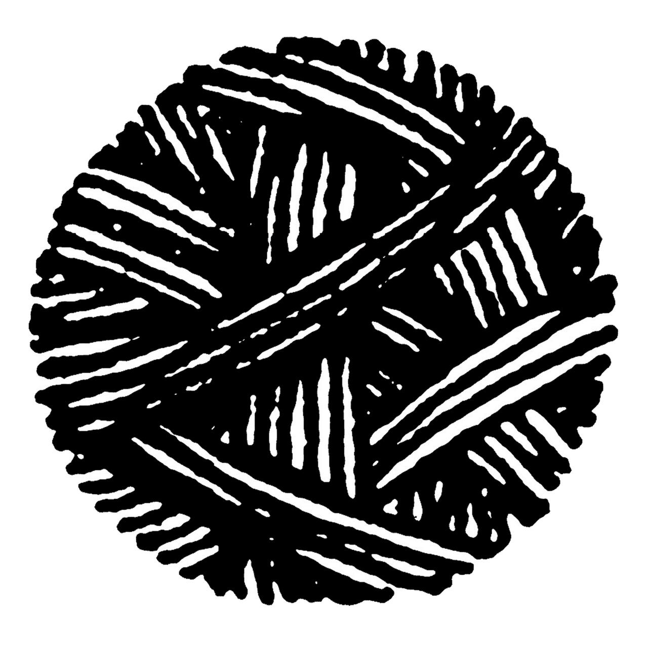 Black and white graphic of a ball of yarn with crisscrossed lines forming a circular shape.