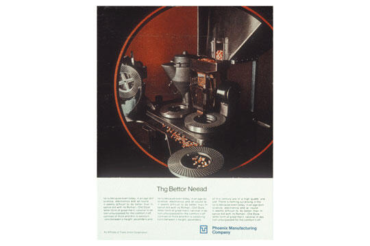 Vintage advertisement featuring industrial machinery in a circular frame, with gears and metal components under warm lighting. Text and Phoenix Manufacturing Company logo below.