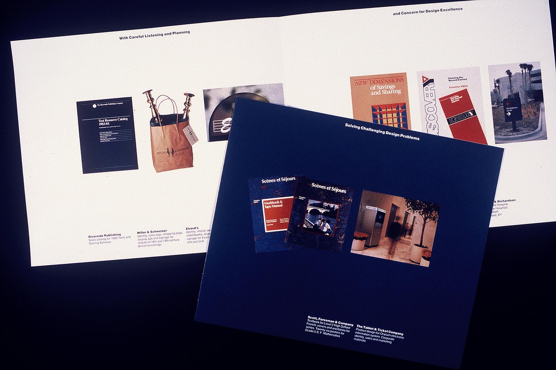 Two pages of design catalogs and brochures, one dark blue with images of books and another light with various product packaging and brochures.