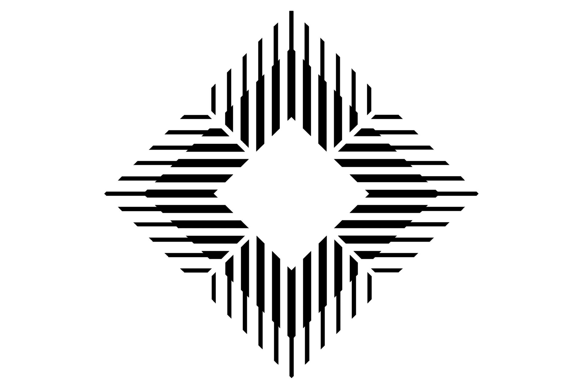 Black and white geometric pattern with alternating stripes forming a diamond shape.