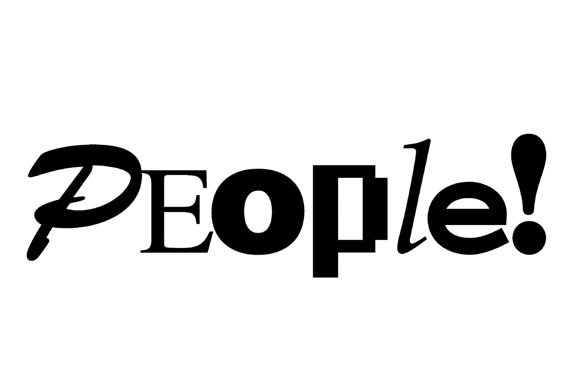 Text logo with the word "People!" in diverse fonts, black on white background.