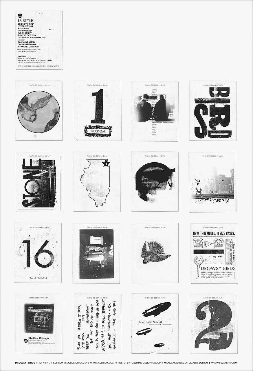 Grid of sixteen vintage-style, black-and-white graphics, including a bird illustration, the number one with a "Freedom" label, silhouettes of people, the word "STONE," an outline of Illinois, a boombox, and a radio-themed collage.