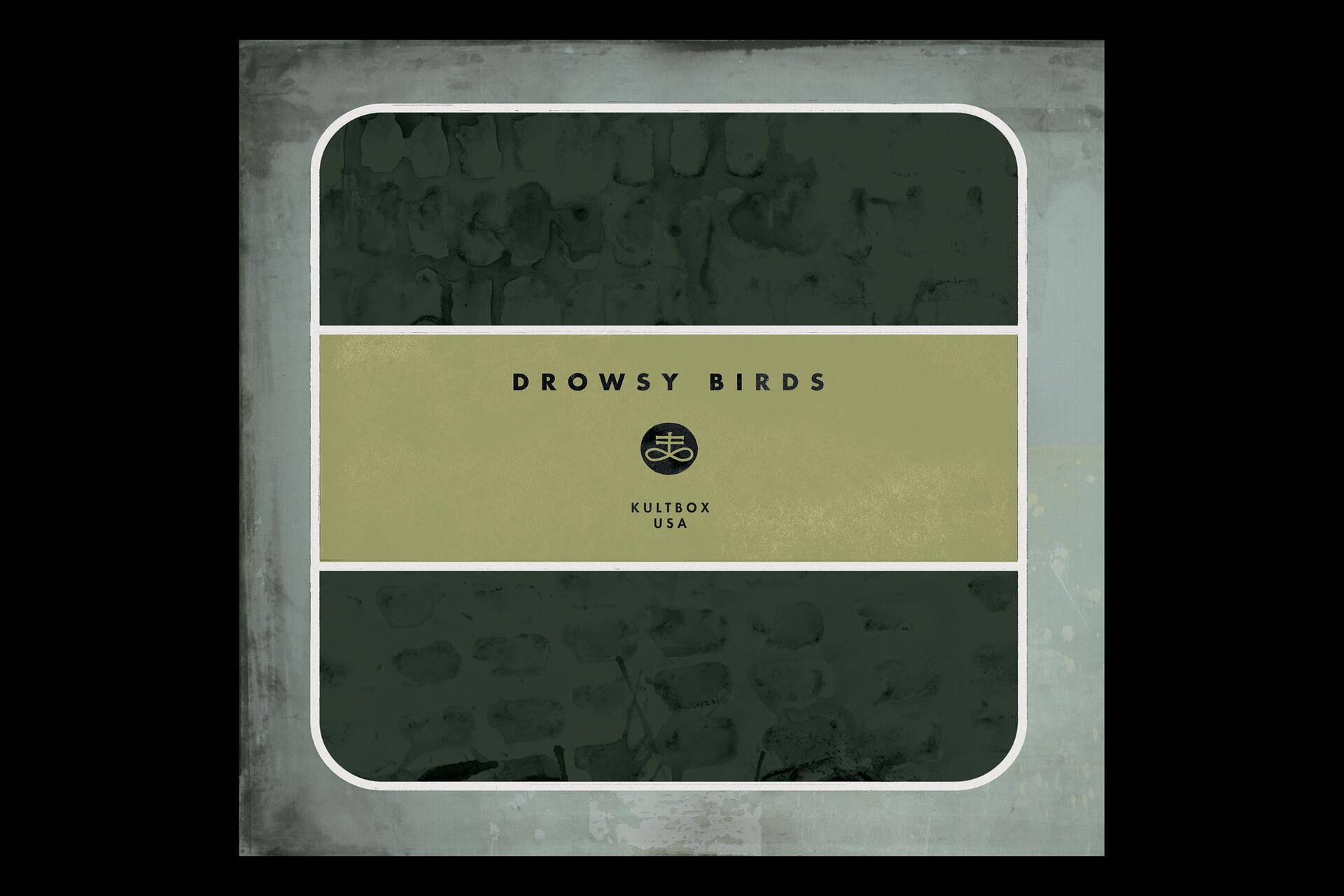 Stylized graphic with a green and beige color scheme featuring the text "DROWSY BIRDS" centered on a horizontal band, with abstract dark green textures above and below.