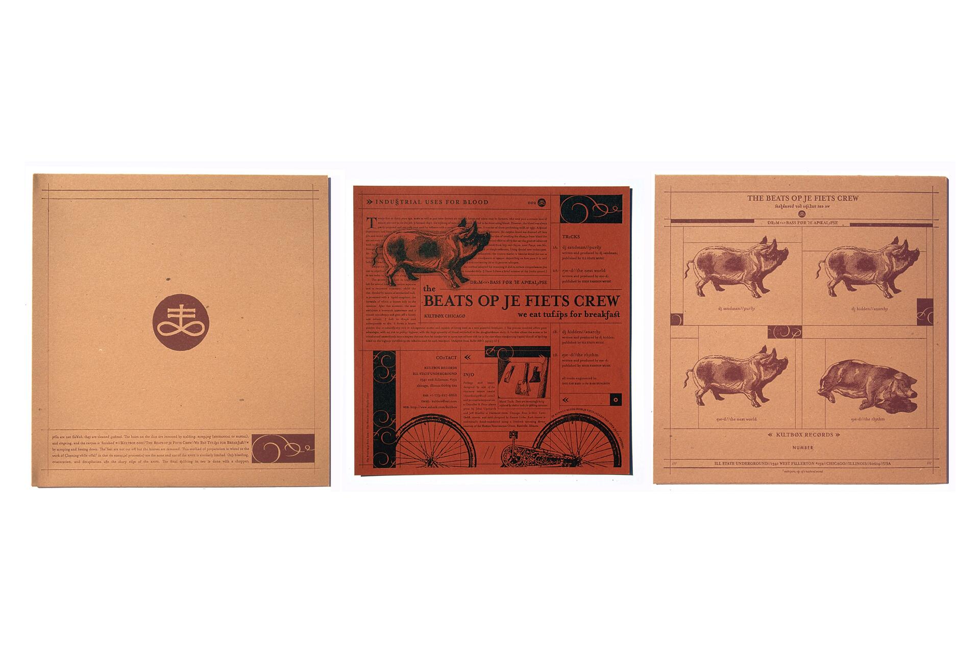 Three brown and red album covers with vintage-style illustrations of pigs and bicycles, featuring decorative text and designs. The center cover is red with detailed graphics, while the side covers are more minimalist.