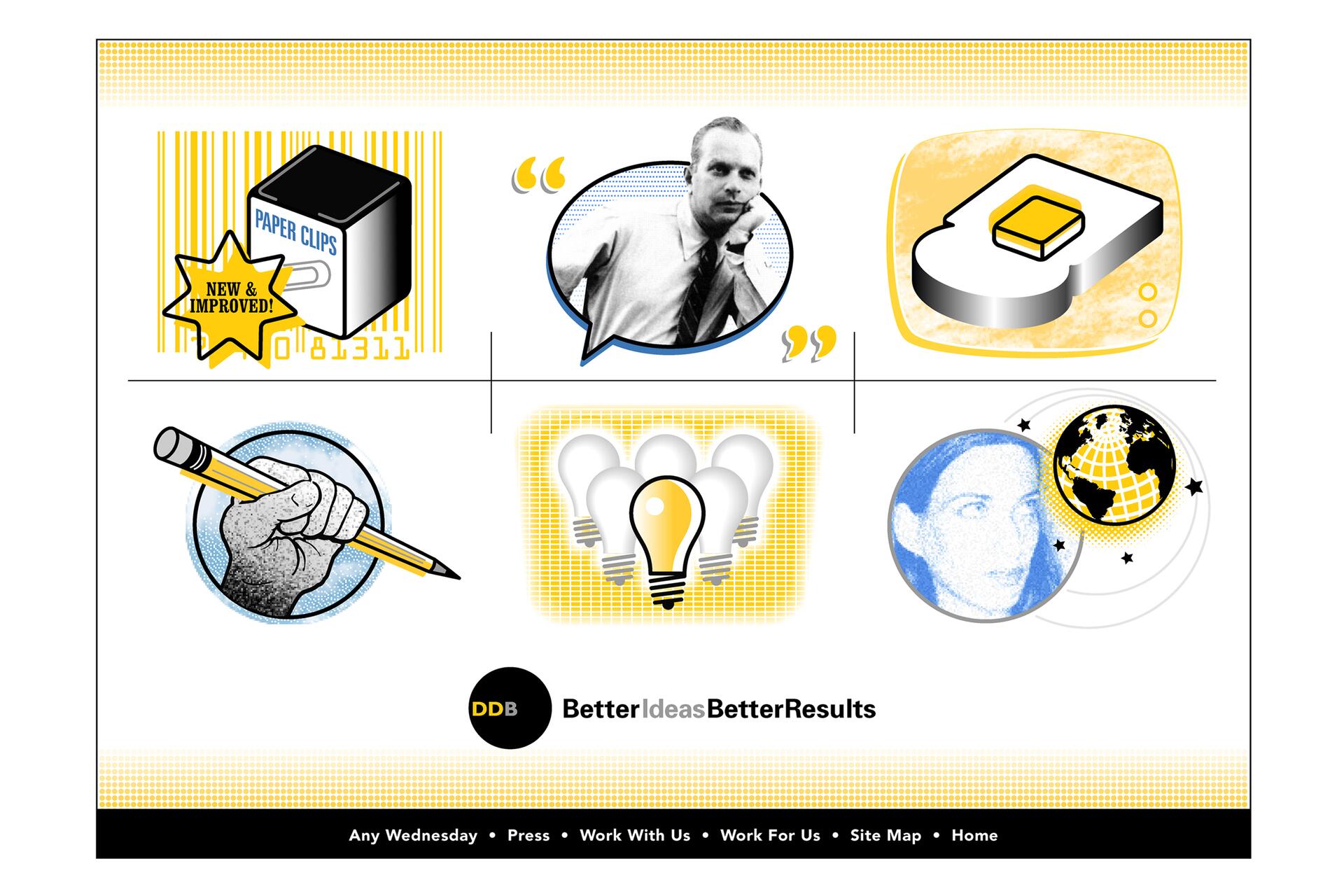 Retro-styled collage featuring paper clips, a man in a speech bubble, a hand holding a pencil, a light bulb cluster, and a globe design. DDB logo with the text "Better Ideas Better Results" below. Yellow and black accents throughout.