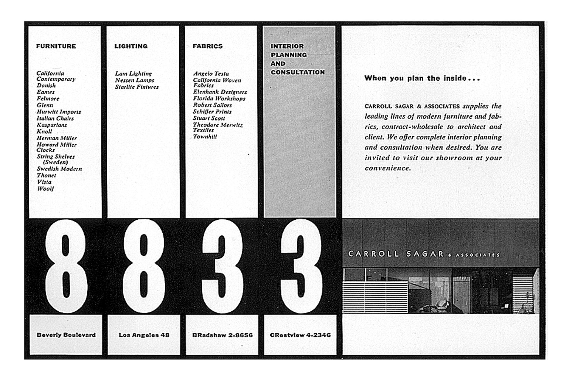 Black and white advertisement with lists of furniture, lighting, and fabric brands. Features large numbers "8 8 3" and contact details for Carroll Sagar & Associates, offering modern furniture and interior planning consultation services.