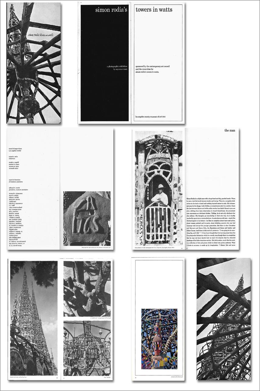 Photographic exhibition brochure featuring black-and-white images of intricate architectural structures with text panels, highlighting Simon Rodia's Towers in Watts. Includes an image of Rodia working and close-ups of colorful mosaics and sculptures.