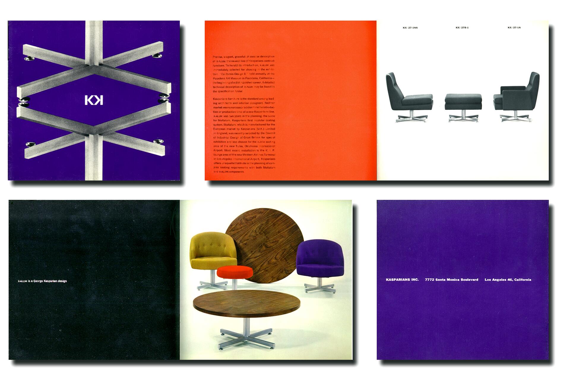 Brochure featuring modern furniture with colorful chairs and tables on a white background. The cover shows a geometric design in purple. Pages include design descriptions and more furniture images.