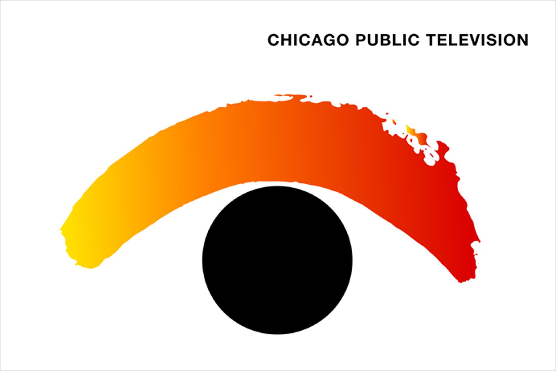A logo featuring a black circle resembling a pupil, topped with a brushstroke arc in gradient orange to red, representing an eyebrow. Text reads "Chicago Public Television" in black, positioned above the design.