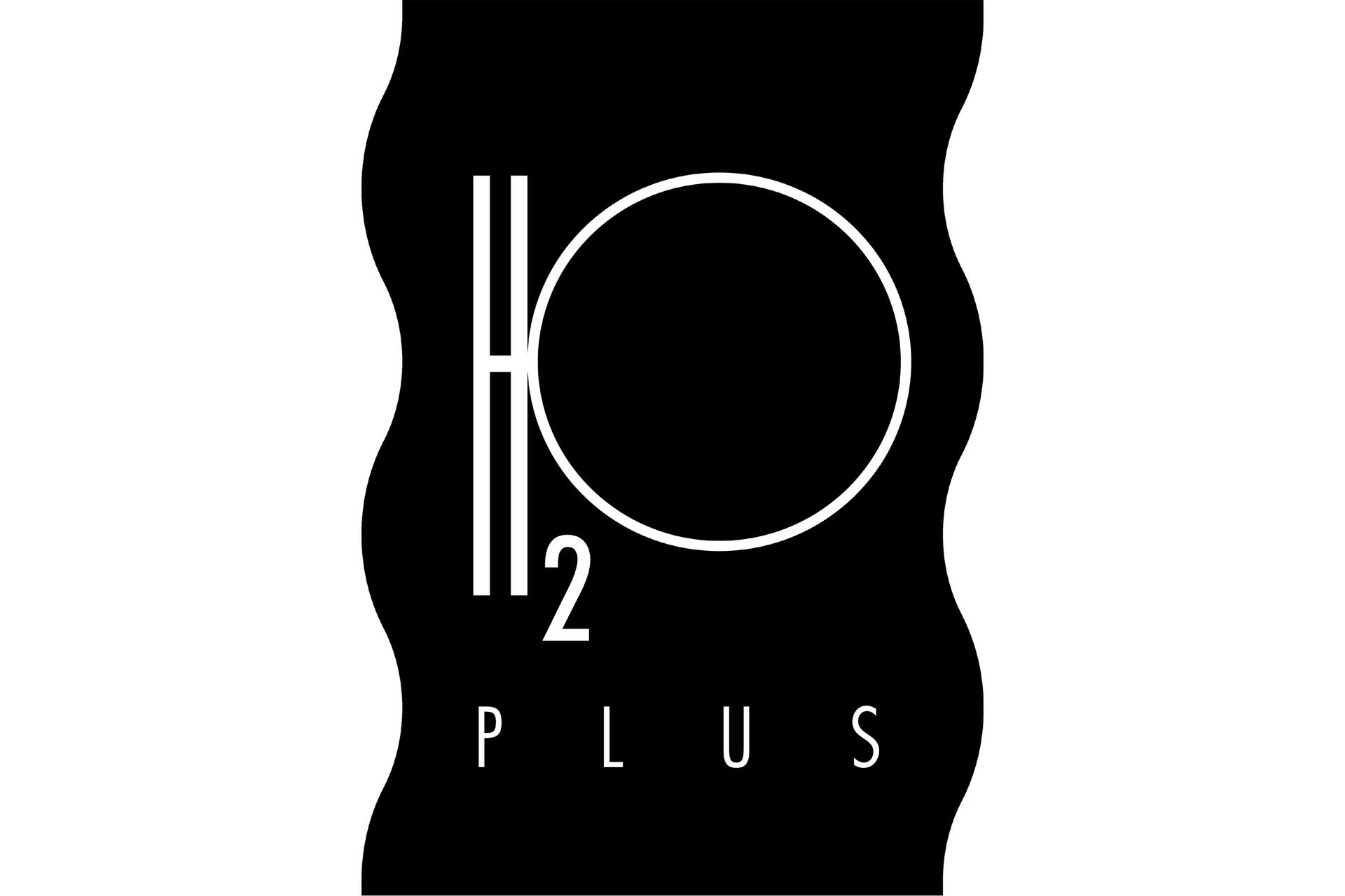 H2O Plus logo with a stylized "H2O" and "PLUS" in white against a black wavy background.