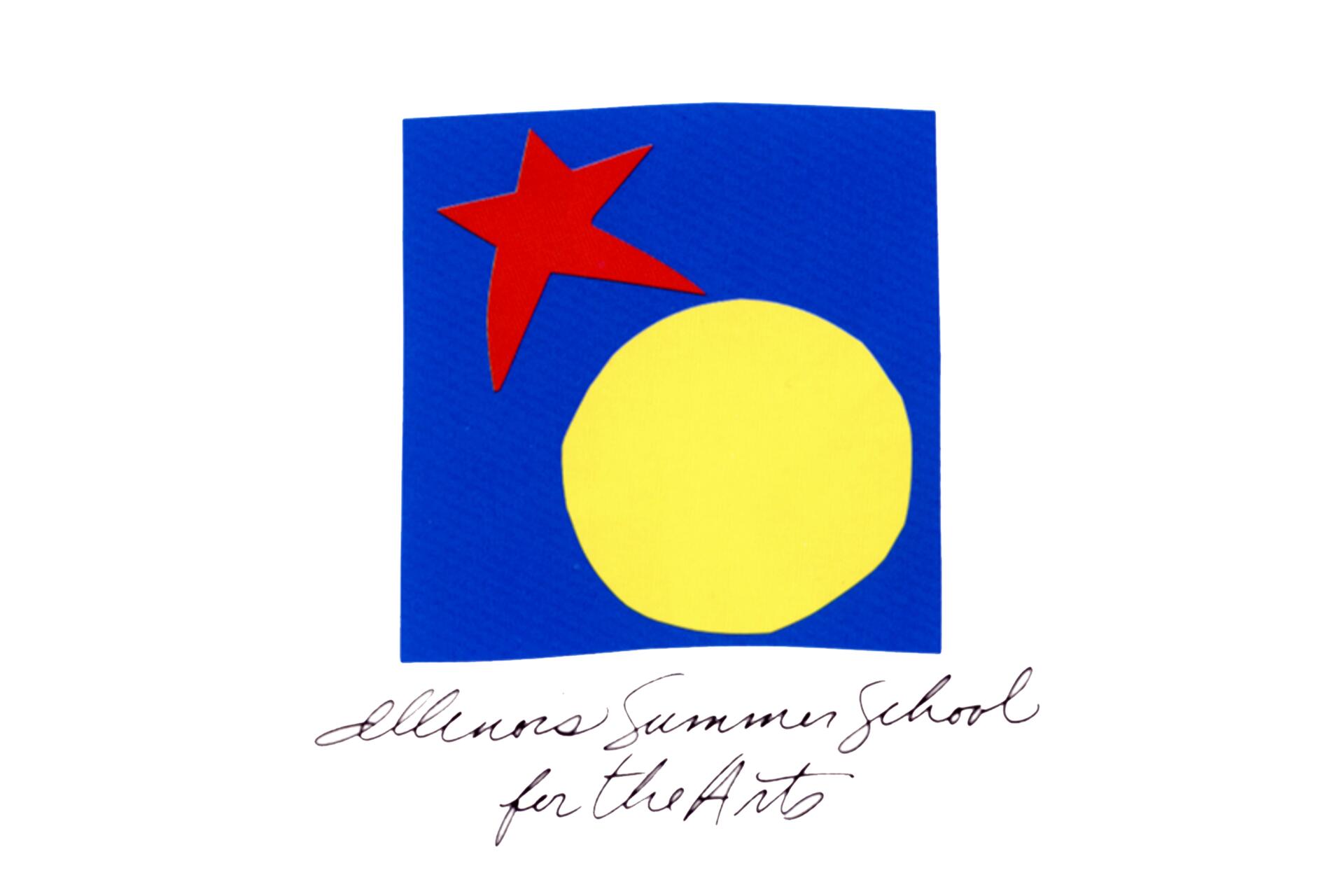 Abstract logo with a blue square background, featuring a yellow circle and red star shapes. Handwritten text below reads "Illinois Summer School for the Arts."