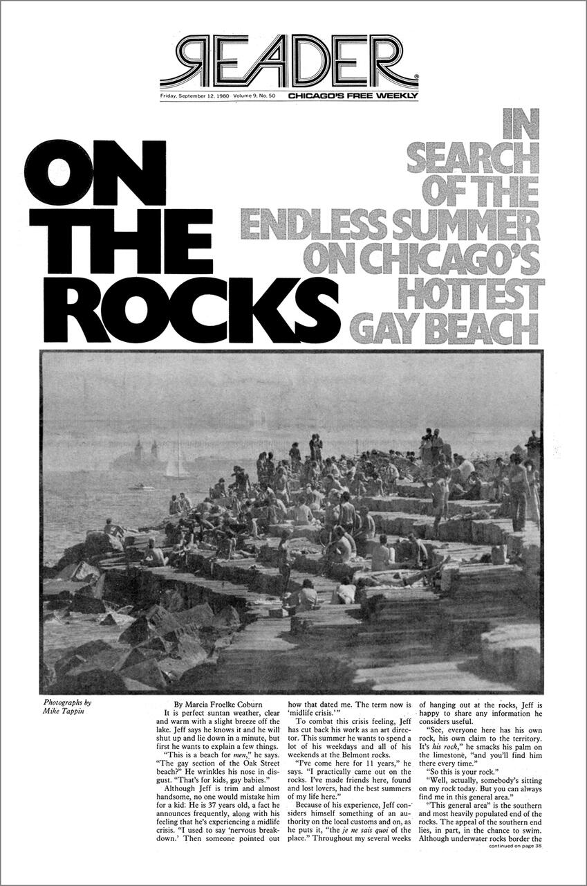 Chicago Reader newspaper cover from September 12, 1980, features a black and white photograph of people relaxing on rocks by a lakeshore. The headline reads, "On the Rocks: In Search of the Endless Summer on Chicago's Hottest Gay Beach."
