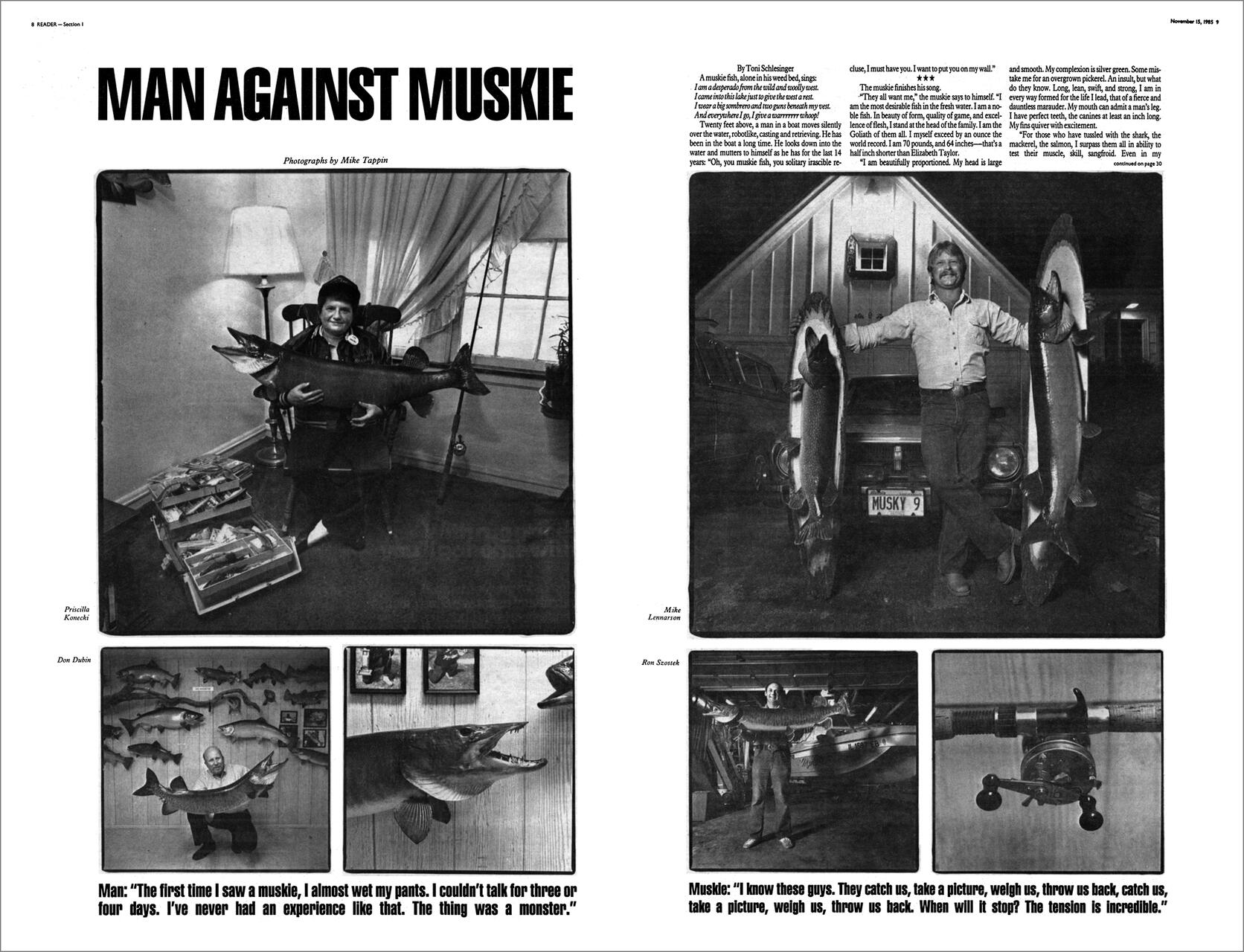 Magazine layout featuring black and white photographs of men posing with large muskies, one in a living room and another outdoors with two fish beside a car. A wall displays multiple mounted fish. Accompanying text discusses muskie fishing.