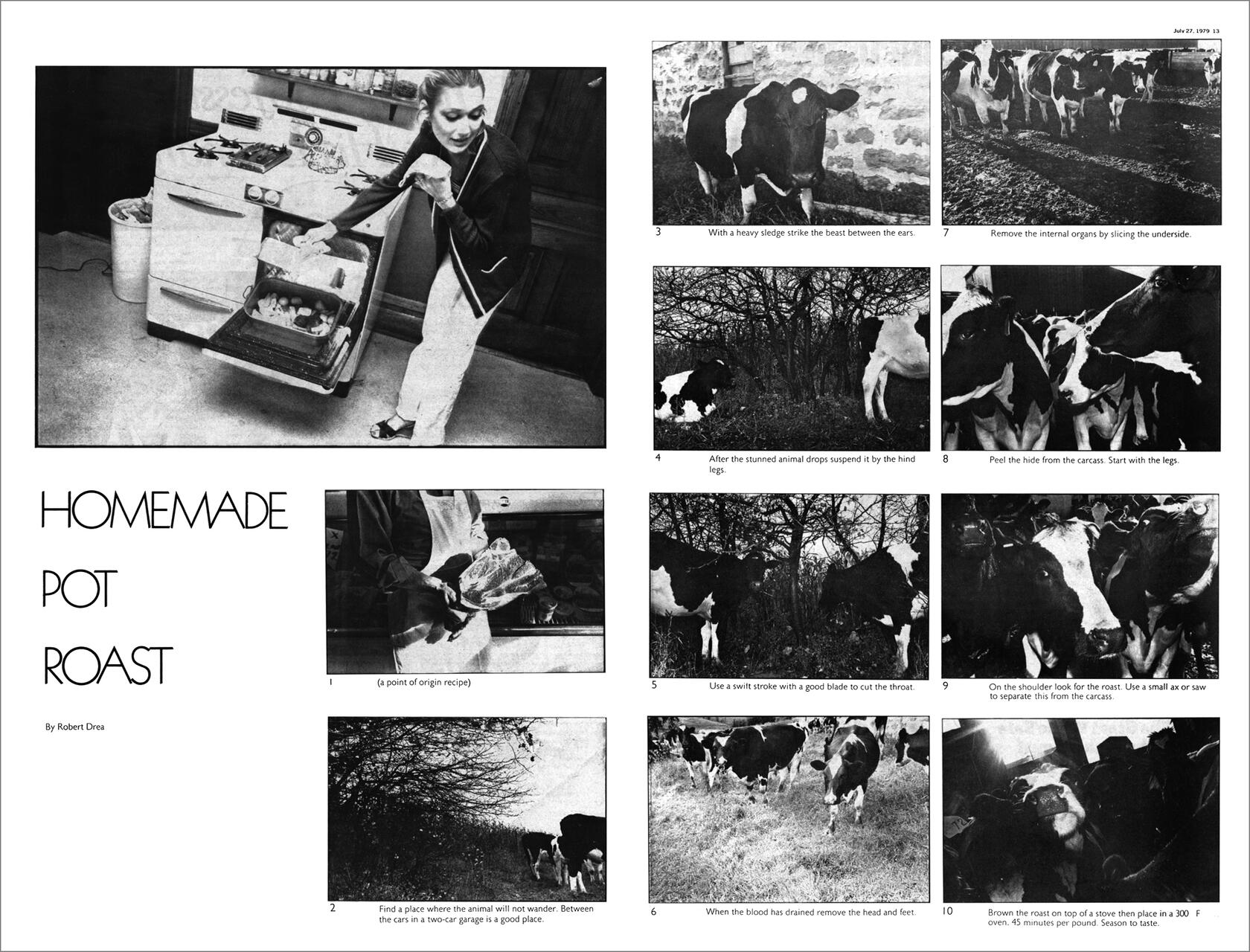 A black and white collage of photos illustrating the process of making a homemade pot roast, involving preparation, cows in a field, and various steps for cooking meat. A woman is shown using an oven, and several cows are depicted in different poses.
