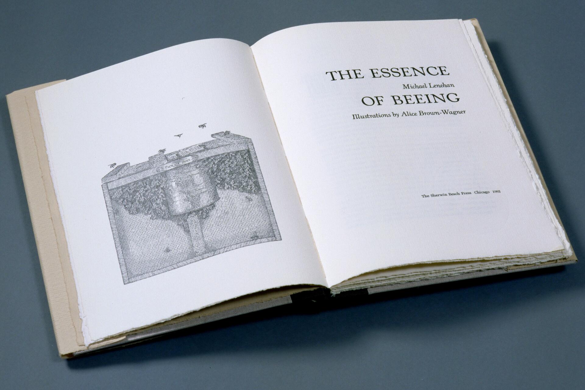 Open book titled "The Essence of Beeing," by Michael Lenehan, with illustrations by Alice Brown-Wagner. The left page shows an illustration of a beehive surrounded by bees. The right page displays the title and author information in a classic font.
