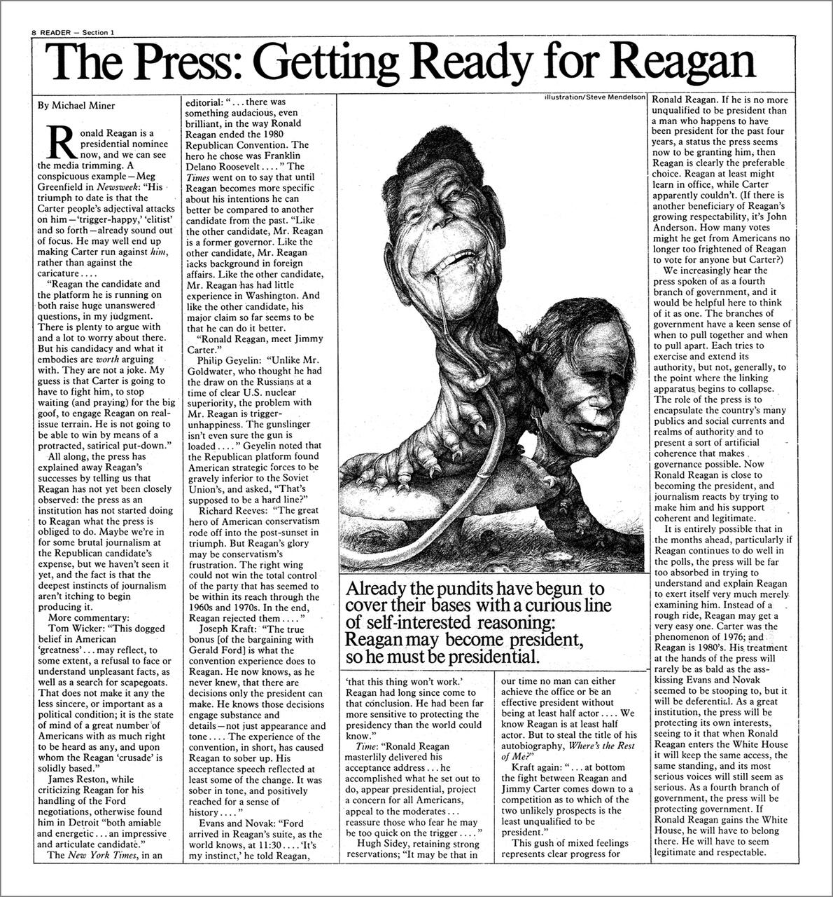 Newspaper page with an illustration merging a human head with a gorilla's body, accompanied by the headline "The Press: Getting Ready for Reagan" and an article discussing Ronald Reagan's media coverage.