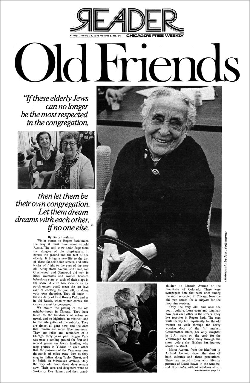 Cover of the Chicago Reader featuring black and white photos of elderly people smiling and conversing. The title reads "Old Friends" with an accompanying caption about elderly Jews and their community.
