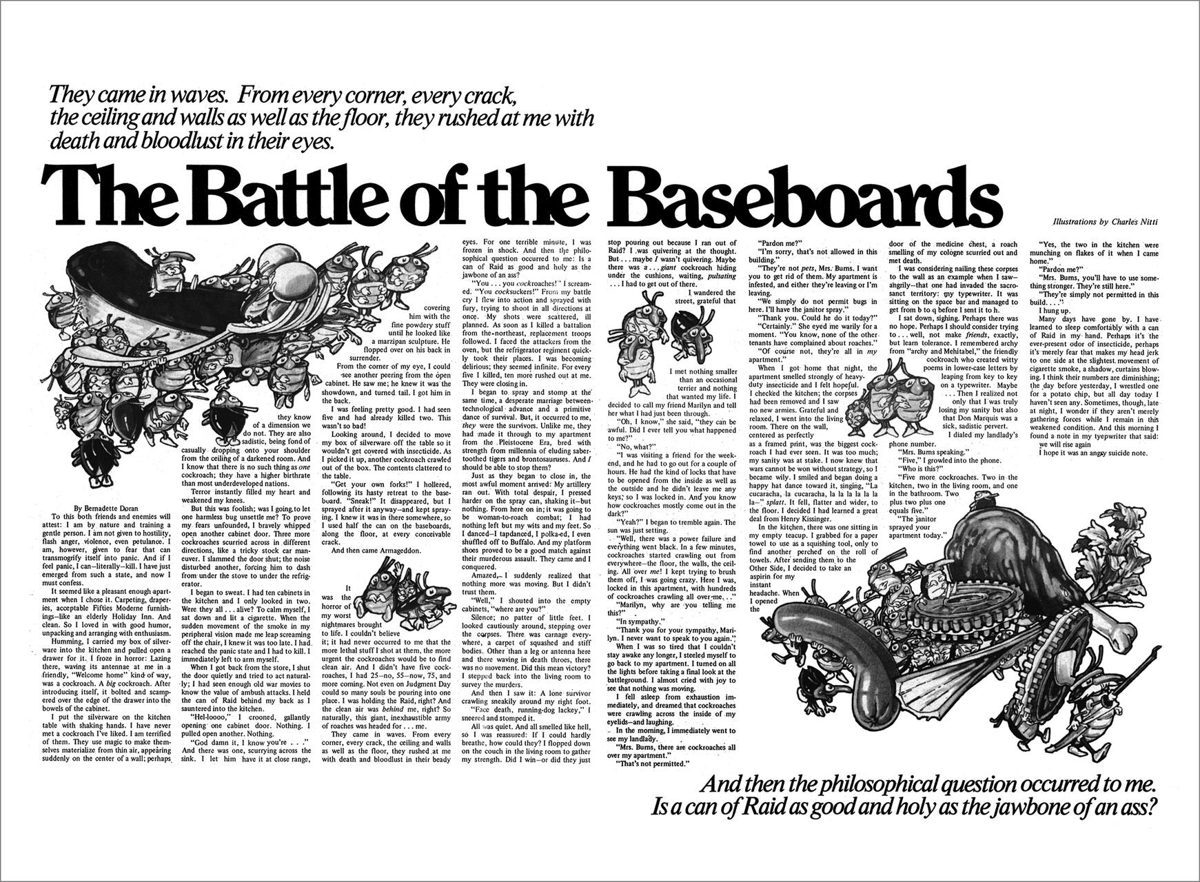 Magazine page titled "The Battle of the Baseboards" with black and white illustrations of cockroaches in various comical poses surrounding the text. The layout includes columns of text and a large decorative initial illustration on the left.