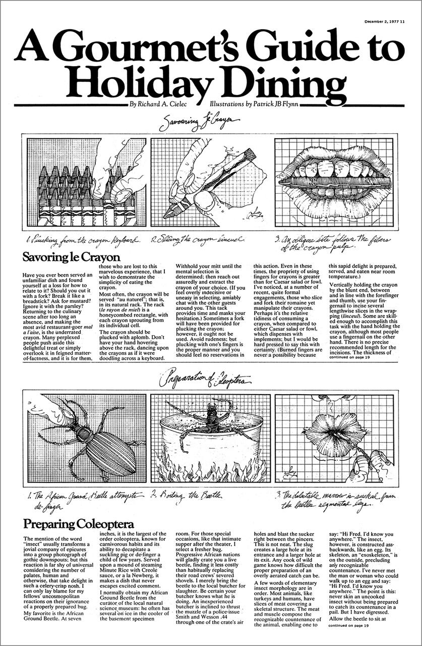 A satirical magazine page titled "A Gourmet's Guide to Holiday Dining" with black-and-white illustrations depicting humorous instructions and commentary on eating crayons and beetles. The text is comically exaggerated to mimic gourmet dining instructions.