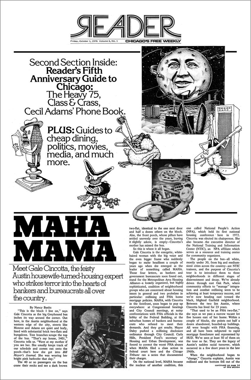 Chicago Reader cover featuring text about the fifth anniversary guide to Chicago. Includes black and white illustrations of a moon with a face overlooking a city, and various whimsical animals and characters. A small photograph of a woman in the lower section.